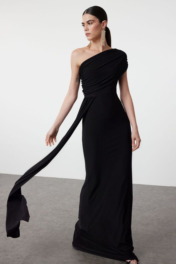 Trendyol Trendyol Black Fitted Asymmetrical Neckline Waist Detailed Woven Long Elegant Evening Dress