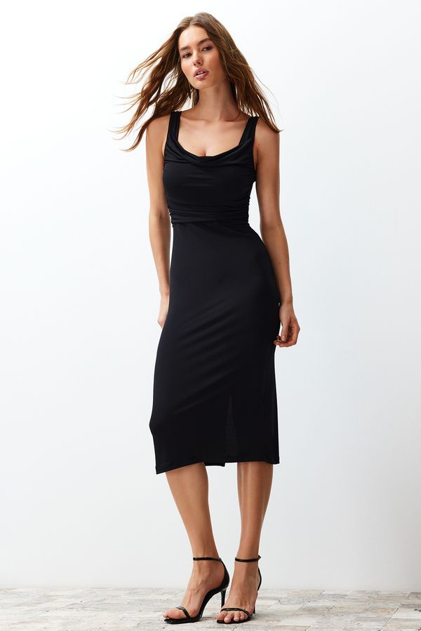 Trendyol Trendyol Black Fitted Detail Collar Flexible Knitted Midi Dress