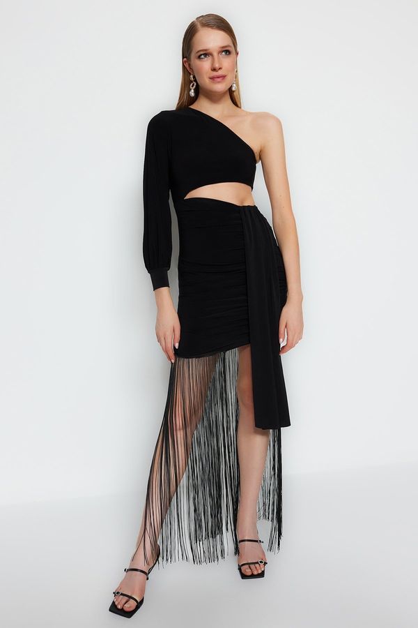 Trendyol Trendyol Black Fitted Evening Dress With Knitted Tassels With Lining