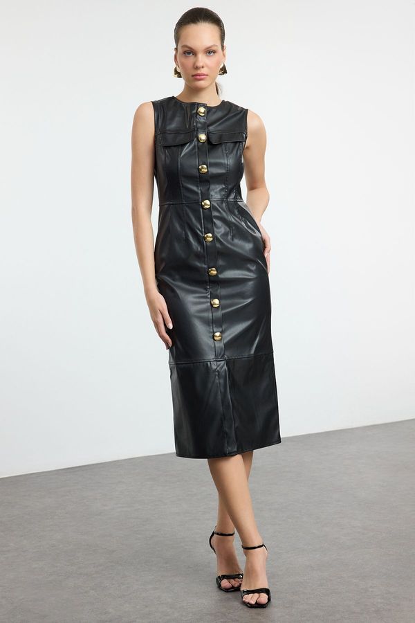 Trendyol Trendyol Black Fitted Faux Leather Button Detailed Midi Woven Dress