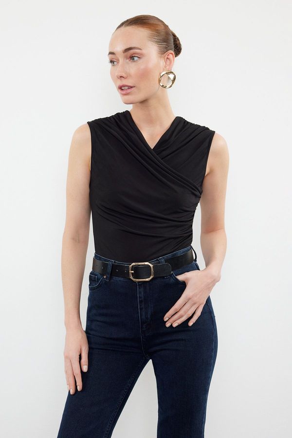 Trendyol Trendyol Black Fitted Gather Detailed Sleeveless Stretchy Knitted Blouse
