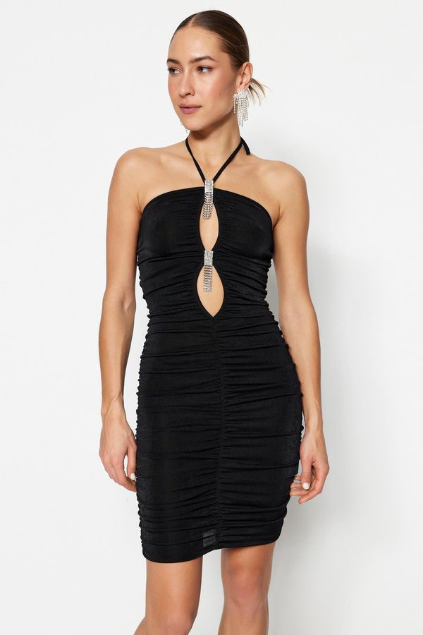 Trendyol Trendyol Black Fitted Knitted Shiny Stone Window/Cut Out Detailed Evening Dress