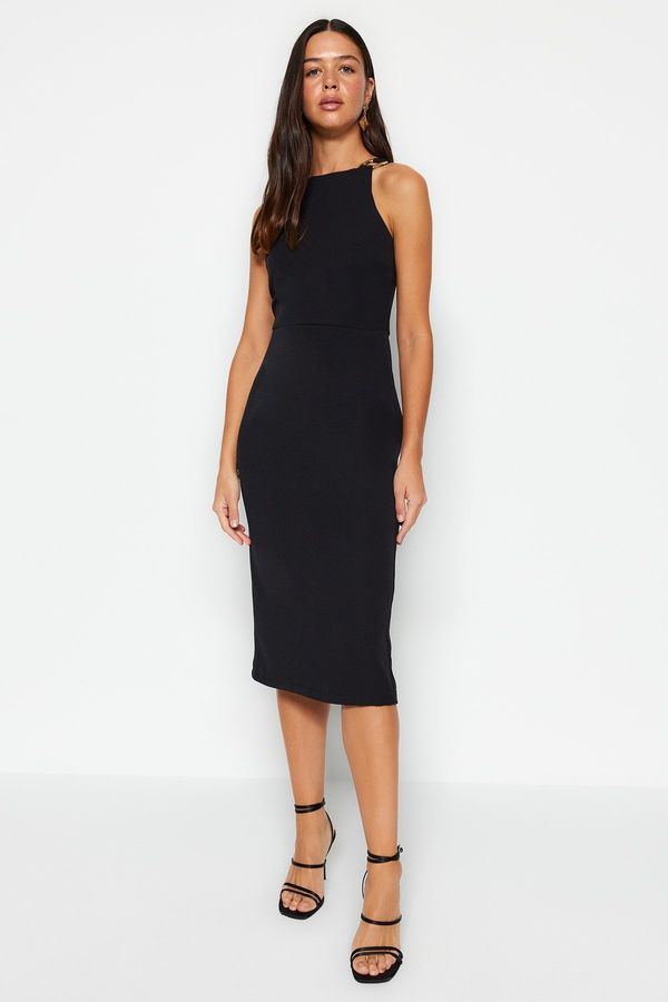 Trendyol Trendyol Black Fitted Midi Pencil Skirt Woven Dress with Accessory Detail on the Collar