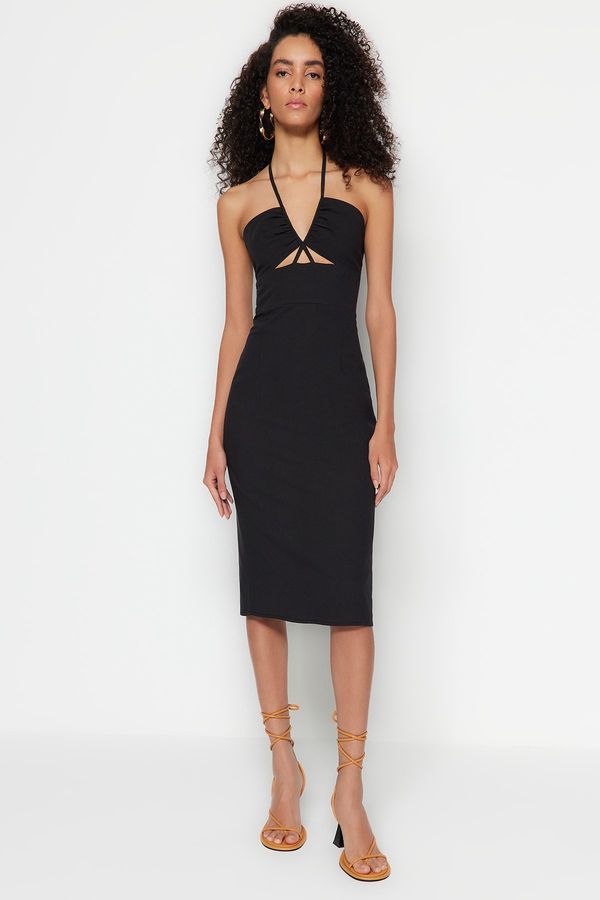 Trendyol Trendyol Black Fitted Midi Woven Window/Cut Out Detailed Woven Dress