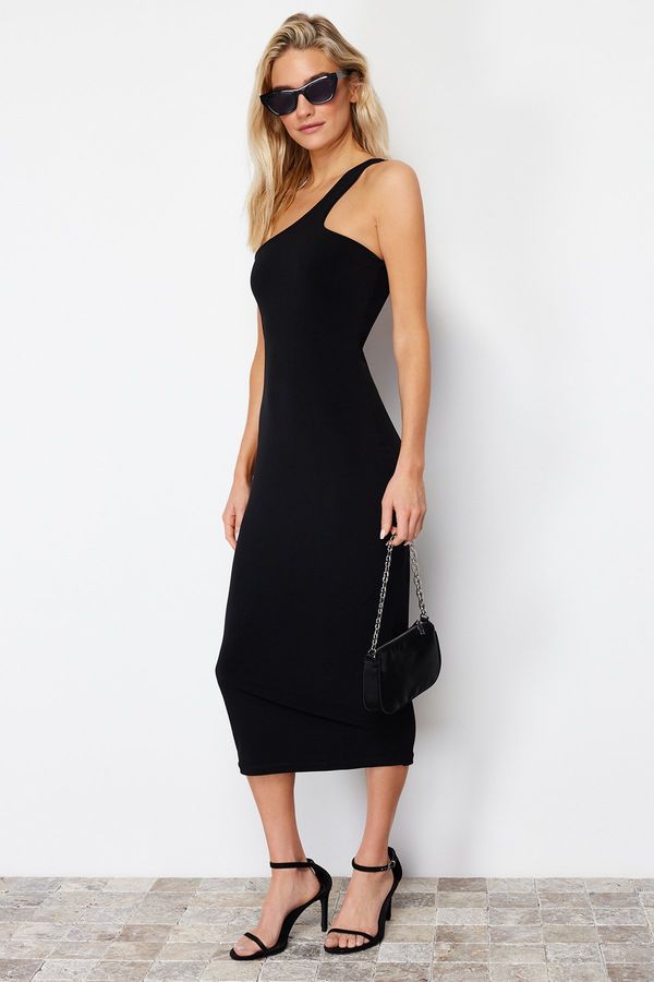 Trendyol Trendyol Black Fitted One Sleeve Stretchy Knitted Midi Knitted Midi Dress