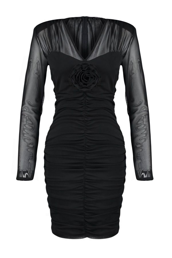 Trendyol Trendyol Black Fitted Rose Detailed Tulle Elegant Evening Dress