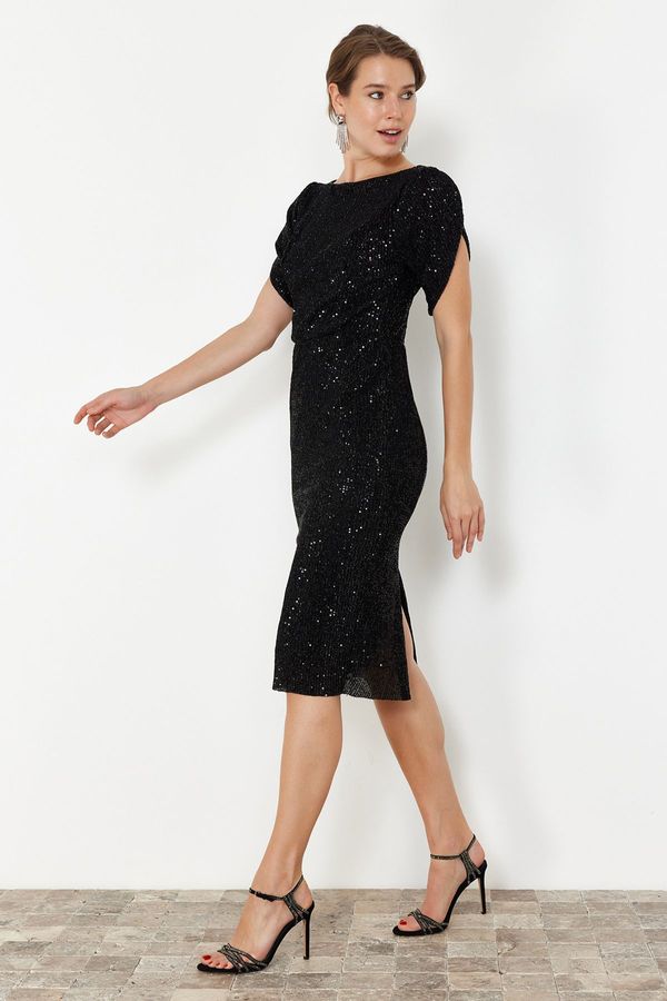 Trendyol Trendyol Black Fitted Shiny Sequin Elegant Evening Dress