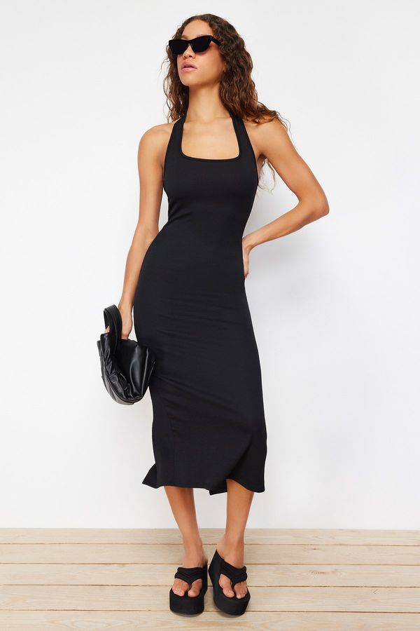 Trendyol Trendyol Black Fitted Square Neck Ribbed Flexible Knitted Maxi Dress