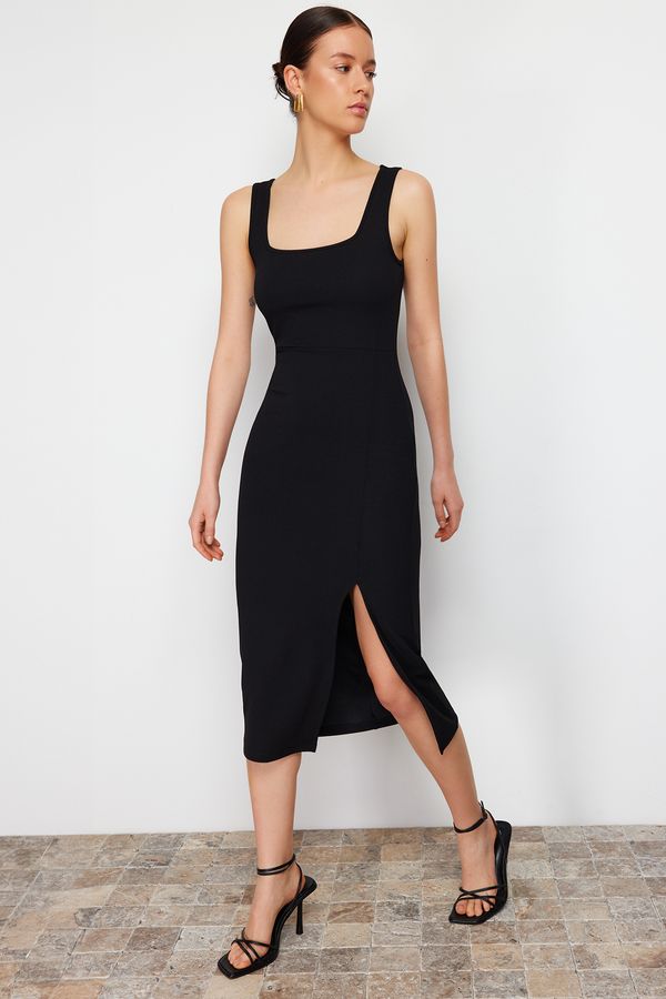 Trendyol Trendyol Black Fitted/Body-Sitting Slit Square Collar Flexible Knitted Midi Dress