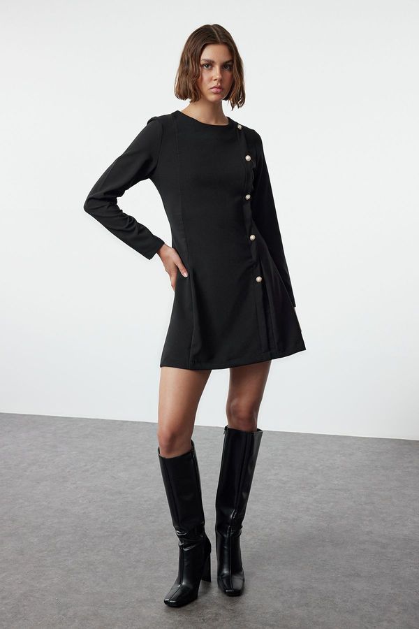 Trendyol Trendyol Black Fitted/Body-Smooth Button Detailed Crew Neck Mini Woven Dress