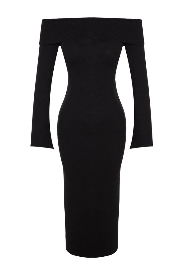 Trendyol Trendyol Black Fitted/Sticky Carmen Collar Corsair Soft-Texture Midi, Stretch Knit Dress
