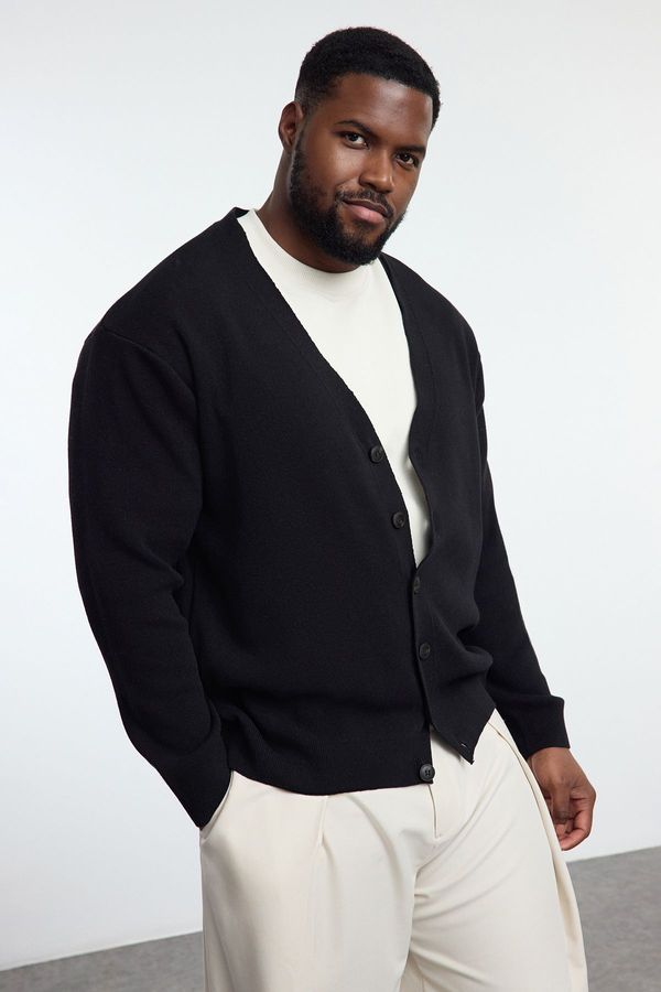 Trendyol Trendyol Black FL Men's Regular V Neck Plain Knitwear Plus Size Cardigan