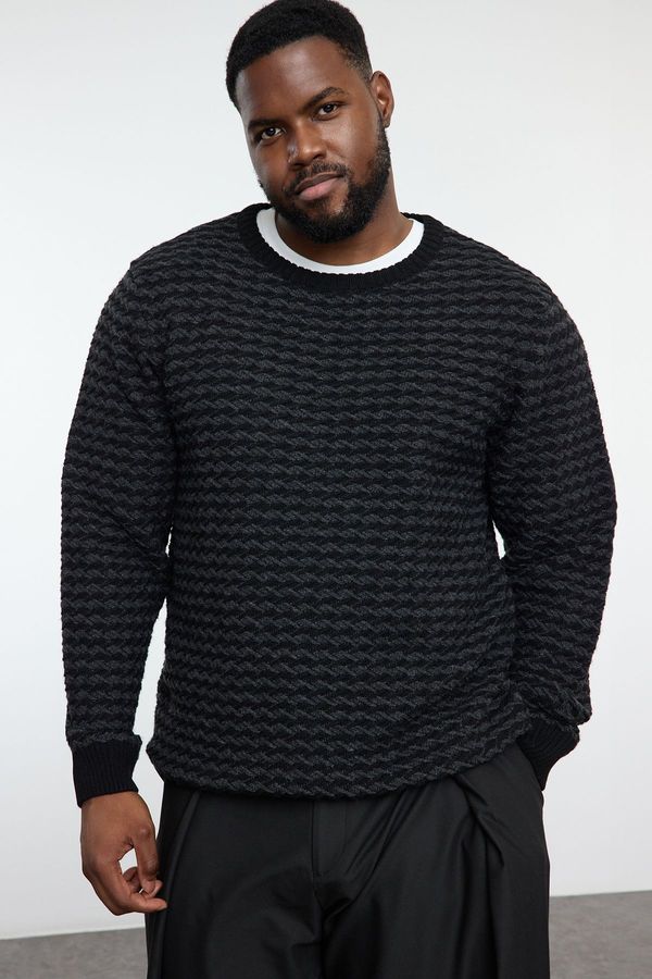 Trendyol Trendyol Black FL Men's Slim Crew Neck Ethnic Knitwear Plus Size Sweater