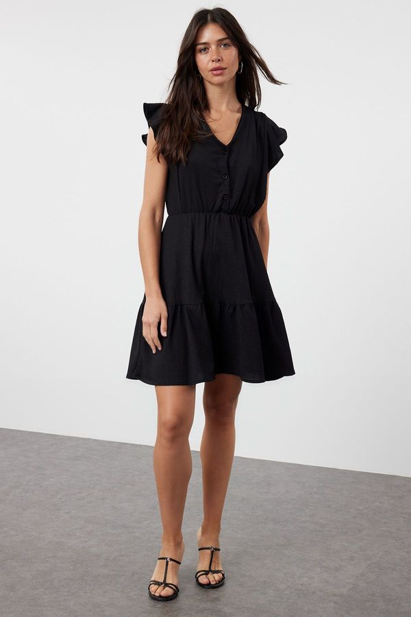Trendyol Trendyol Black Flat Button Waist Release Zero Sleeve Textured Stretchy Knitted Mini Dress