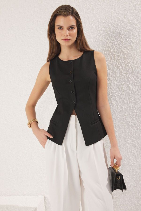 Trendyol Trendyol Black Fleto Pocket Detailed Buttoned Regular Knitted Vest