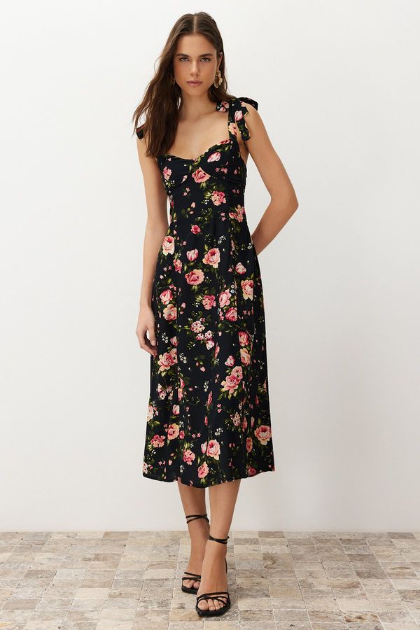 Trendyol Trendyol Black Floral A-Line Viscose Midi Woven Dress