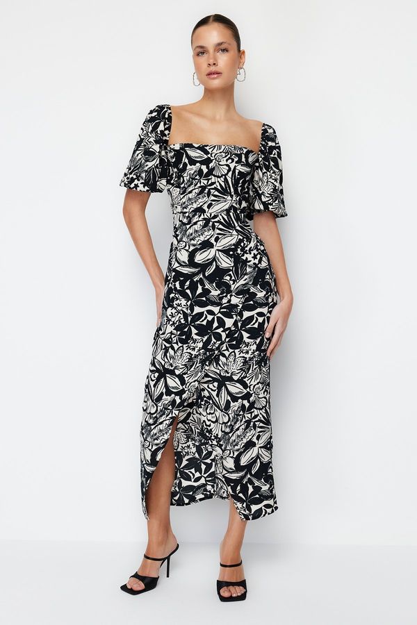 Trendyol Trendyol Black Floral Balloon Sleeve Viscose Midi Woven Dress