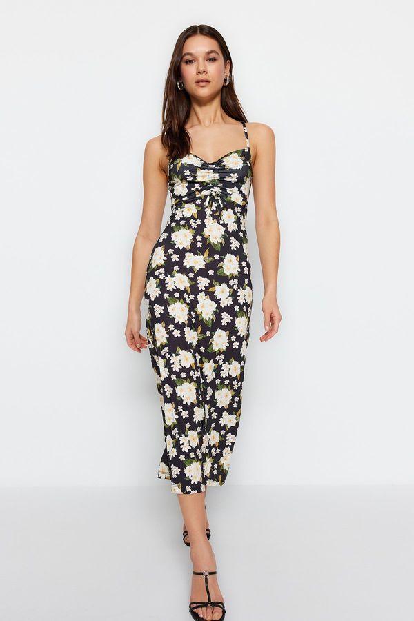 Trendyol Trendyol Black Floral Pattern Shirred A-Line Midi Sweetheart Neck Straps, Flexible Knitted Dress