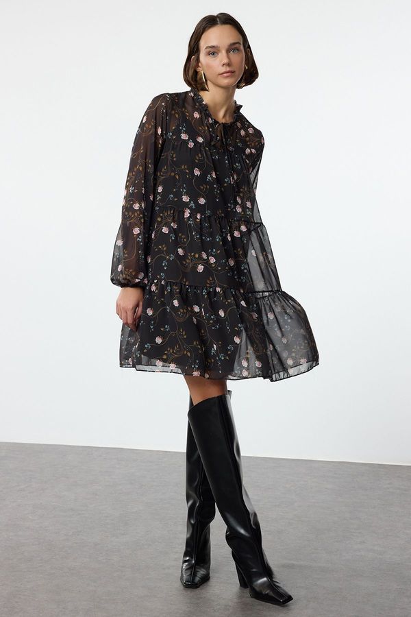 Trendyol Trendyol Black Floral Patterned Loose Fit Mini Lined Chiffon Woven Winter Dress