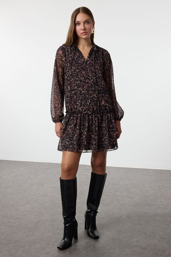 Trendyol Trendyol Black Floral Patterned Plain Cut Stand Collar Mini Lined Chiffon Woven Winter Dress