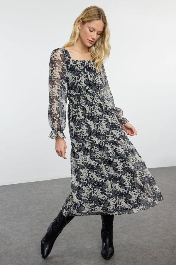 Trendyol Trendyol Black Floral Patterned Skater/Waist Open Maxi Woven Chiffon Lined Dress