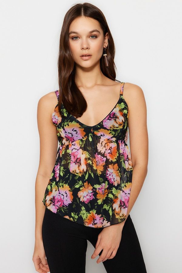 Trendyol Trendyol Black Floral Patterned Straps Lined Stretch Tulle Knitted Blouse