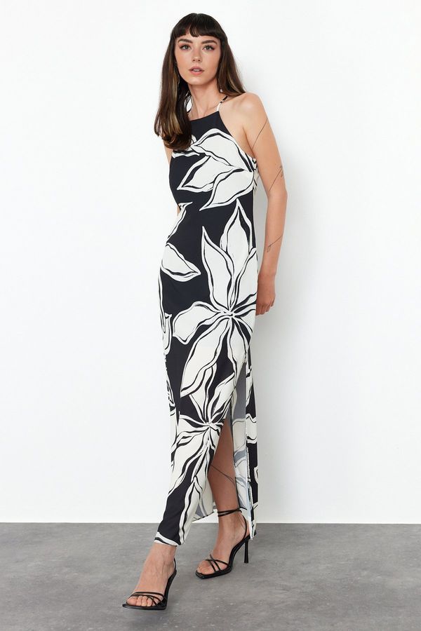 Trendyol Trendyol Black Floral Print Straight Cut Sleeveless Maxi Lined Satin Woven Dress