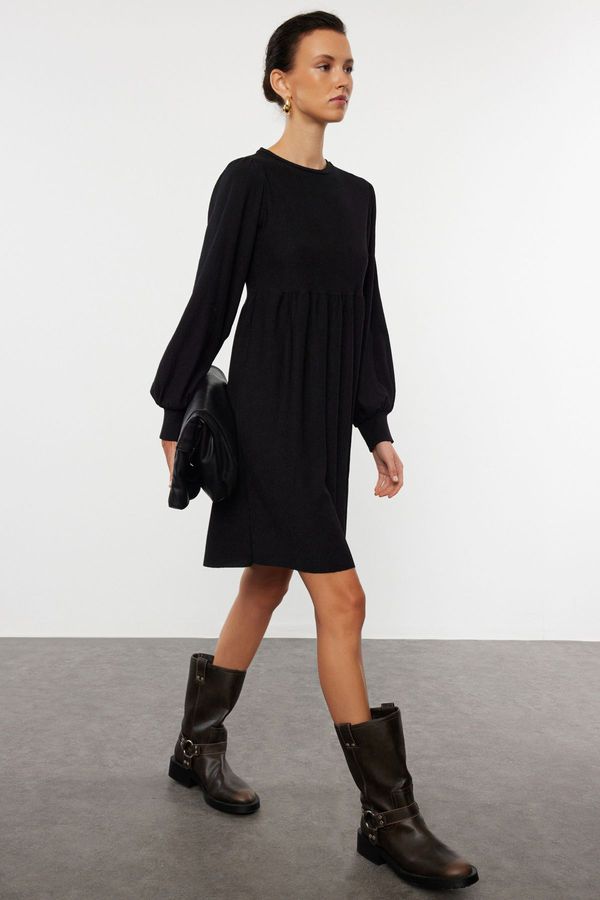 Trendyol Trendyol Black Flounce Skater/Waist Closure/Textured Mini Knitted Dress