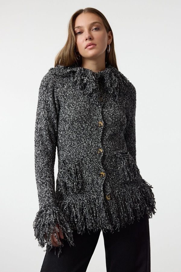 Trendyol Trendyol Black Fringed Coat-Look Knitwear Cardigan