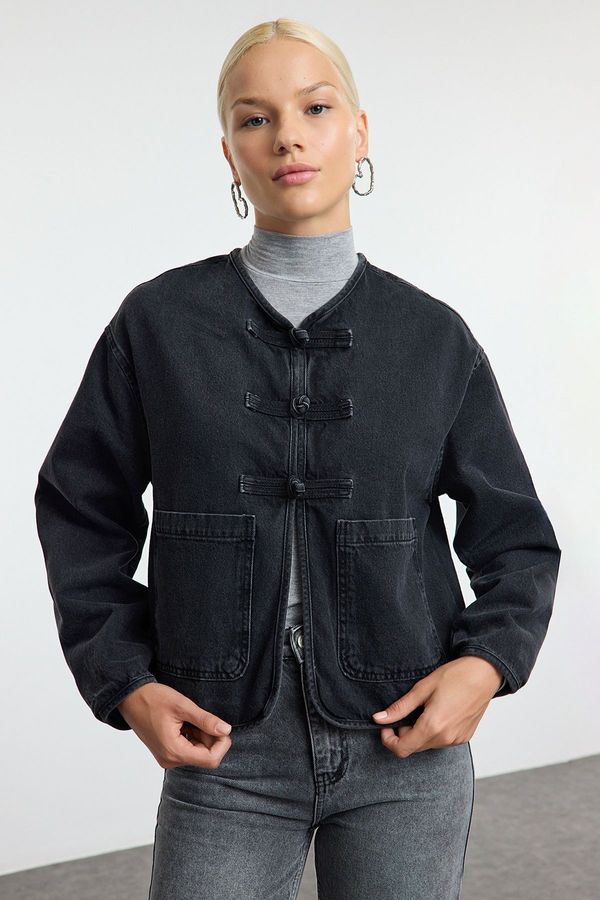 Trendyol Trendyol Black Front Tie Oversize Denim Jacket