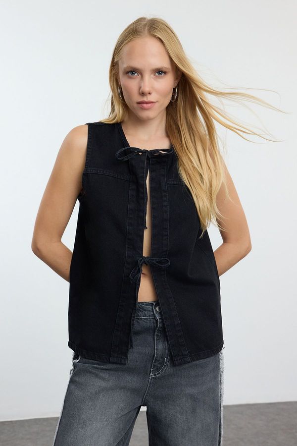 Trendyol Trendyol Black Front Tie Oversize Denim Vest