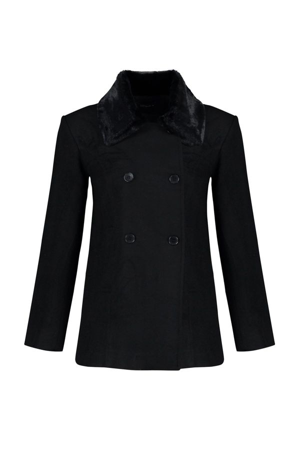Trendyol Trendyol Black Fur Collar Detailed Woolen Cachet Coat