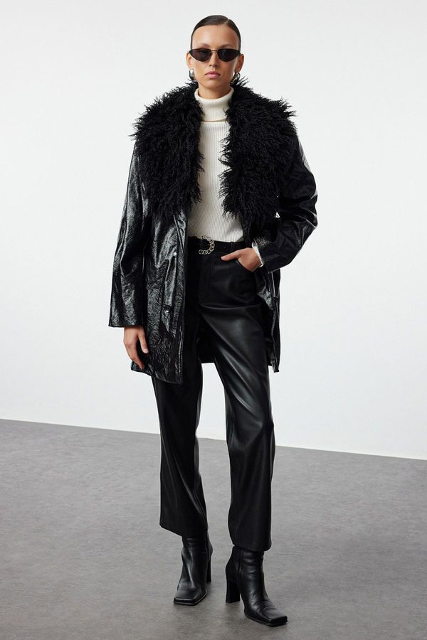 Trendyol Trendyol Black Fur Detailed Faux Leather Jacket Coat