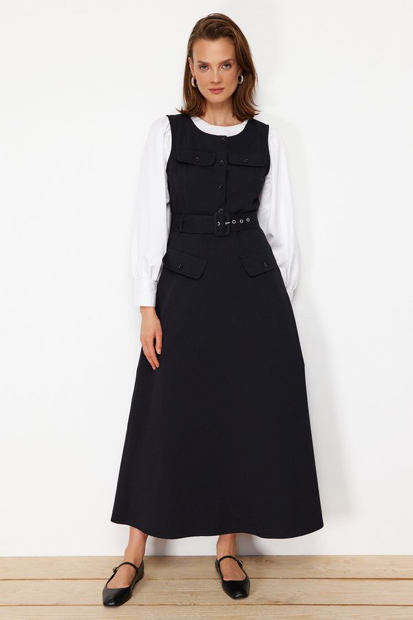 Trendyol Trendyol Black Gabardine Sash Detailed Sleeveless Woven Gilet Dress