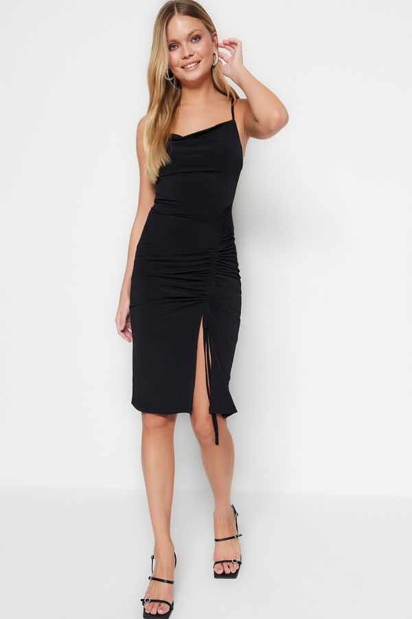 Trendyol Trendyol Black Gather Detailed Fitted Midi Collar Stretchy Knitted Dress