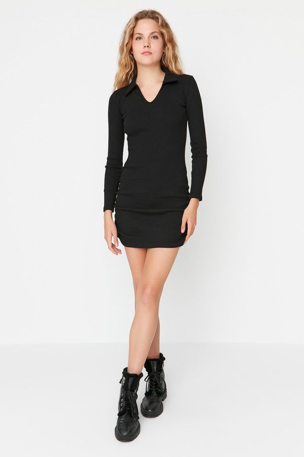 Trendyol Trendyol Black Gathered Detail Fitted Mini Polo Neck Ribbed Flexible Knitted Dress
