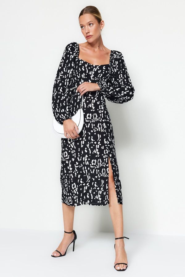 Trendyol Trendyol Black Geometric Pattern Straight Cut Slit Detail Viscose Woven Dress