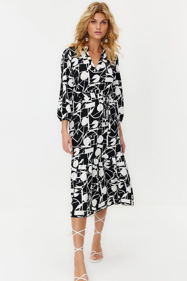 Trendyol Trendyol Black Geometric Patterned Three Quarter Sleeve V Neck Midi Length Knitted Dress