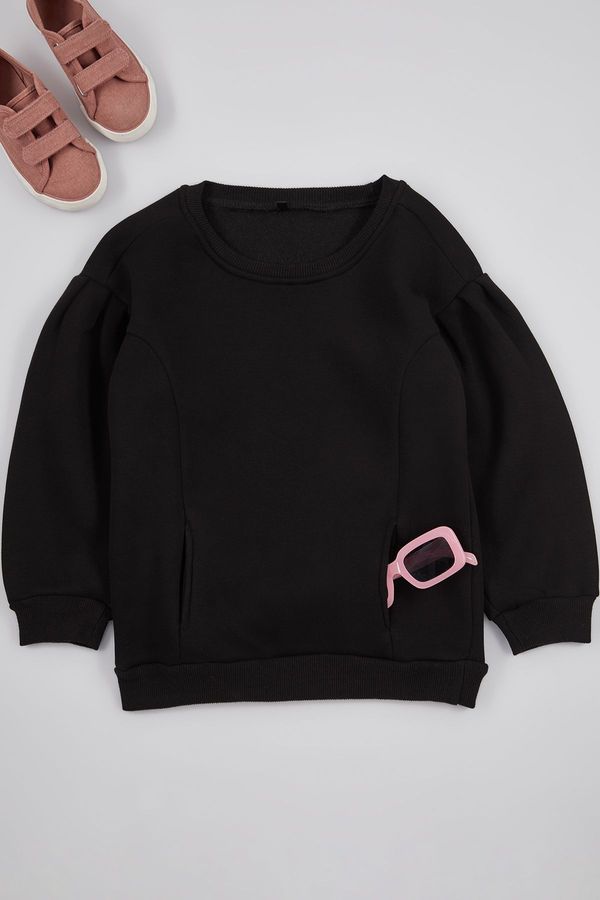 Trendyol Trendyol Black Girl's Sleeve Drawstring Pocket Knitted Sweatshirt