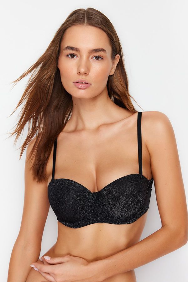 Trendyol Trendyol Black Glossy Polyamide String Strap Push-Up Straplast Knitted Bra