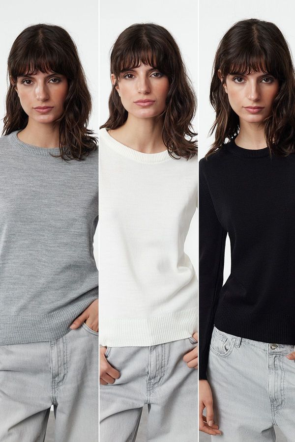 Trendyol Trendyol Black-Grey-Ecru Crew Neck Basic Triple Pack Knitwear Sweater