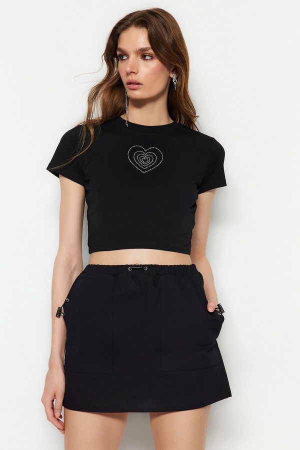 Trendyol Trendyol Black Heart Stone Printed Basic Crop Crew Neck Cotton Flexible Knitted T-Shirt