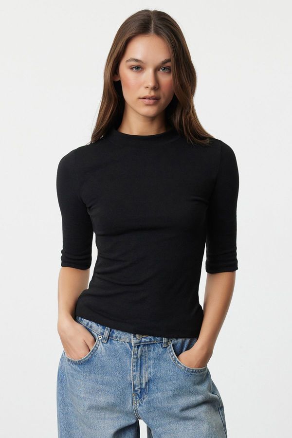 Trendyol Trendyol Black High Collar 3/4 Sleeve Regular/Normal Fit Knitted Blouse