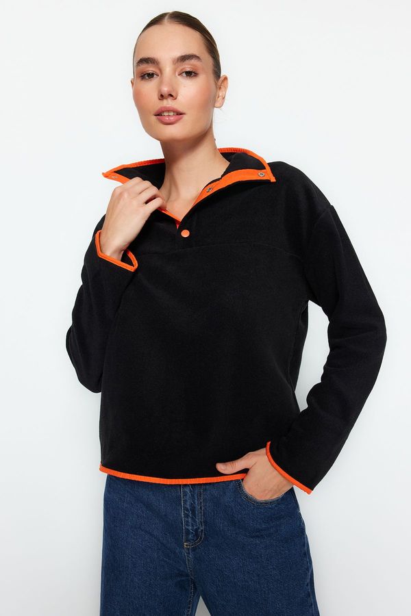 Trendyol Trendyol Black High Neck Snaps Regular/Regular Fit With Pocket Color Block Fleece Knitted Sweatshirt