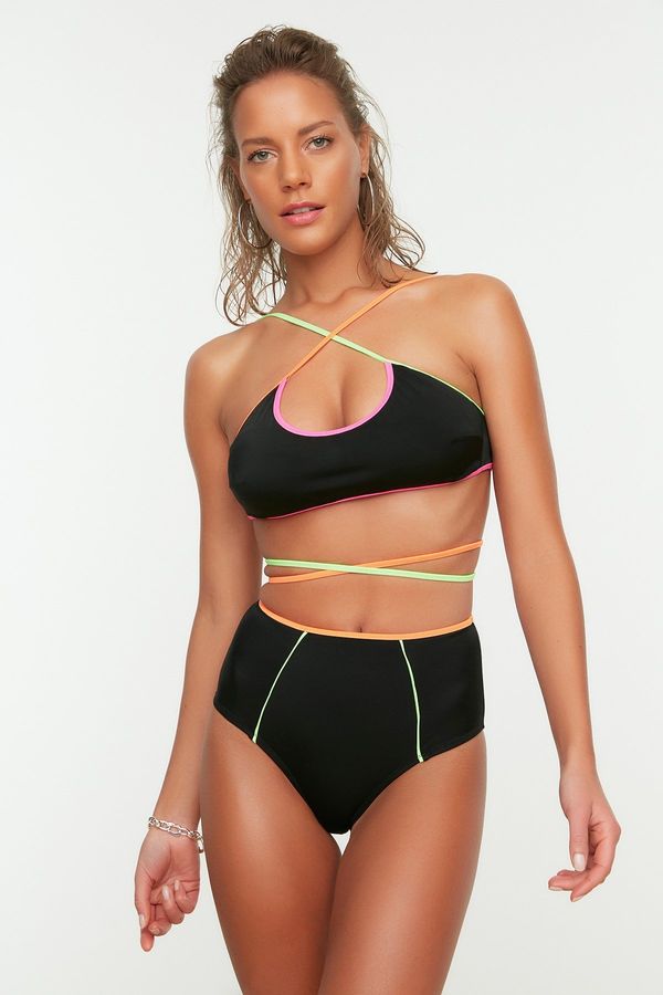 Trendyol Trendyol Black High Waist Bikini Bottoms With Colorful Piping Detailed