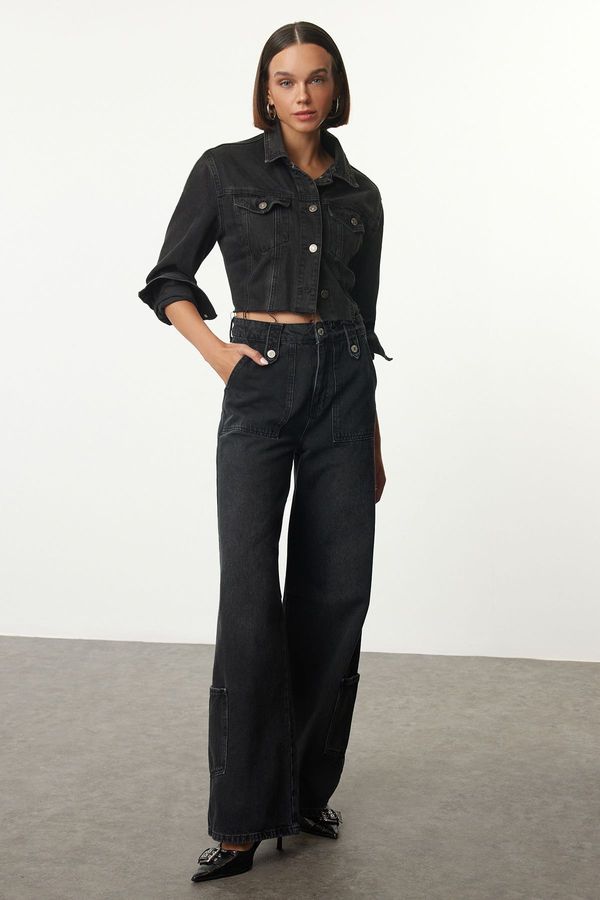 Trendyol Trendyol Black High Waist Pocket Detailed Wide Leg Jeans