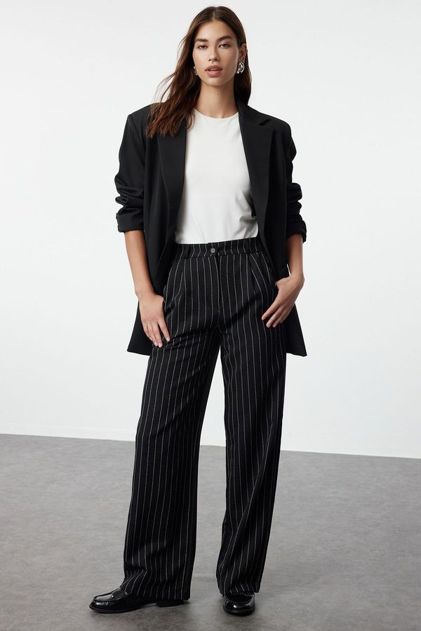 Trendyol Trendyol Black High Waist Wide Leg Striped Woven Trousers