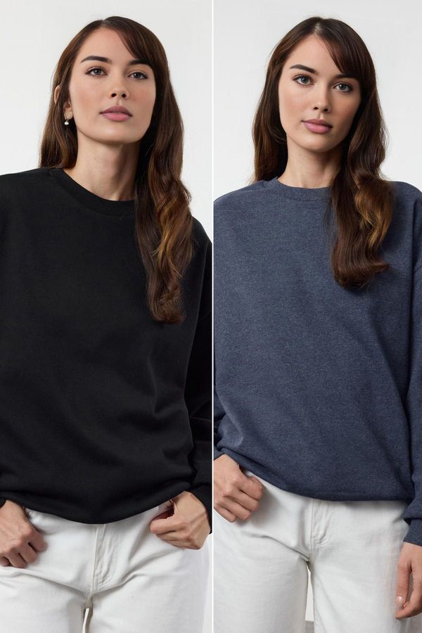 Trendyol Trendyol Black-Indigo Oversize/Wide Pattern Crew Neck Thick Polar Fleece Knitted Sweatshirt