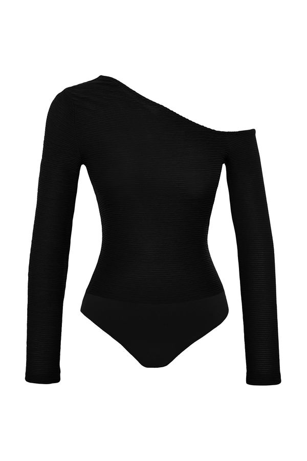 Trendyol Trendyol Black Jacquard Fitted Asymmetric Collar Knitted Bodysuit