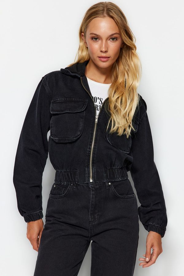 Trendyol Trendyol Black Knitted Hooded Bomber Denim Jacket